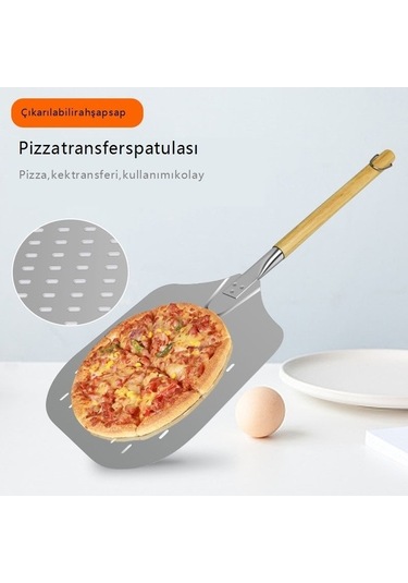 Çıkarılabilir Ahşap Sap Sızıntı Deliği Paslanmaz Çelik Pizza Spatulası Gümüş - Siyah Gümüş - Siyah