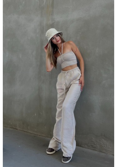 Pembe Keten Karışımlı Bol Kesim Pantolon Bej