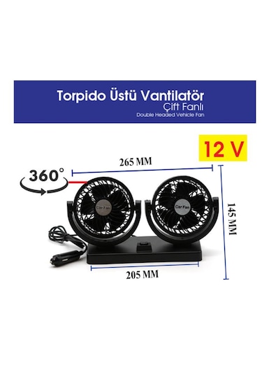 12v Vantilatör Çift Fanlı Torpido Üstü