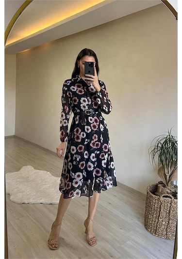 Neşeli Butik Kadın Desenli Gömlek Yaka Midi Elbise Nm011 Mor