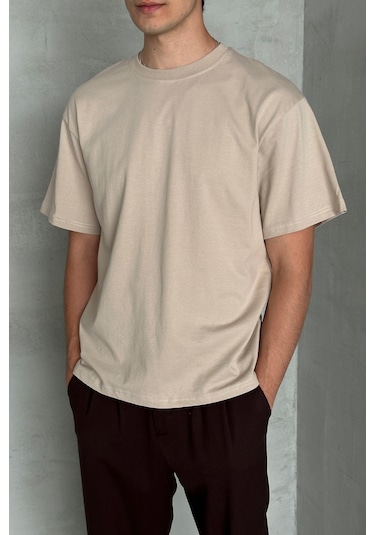 Hyman Erkek %100 Pamuk Oversize Basic T-shirt Bej