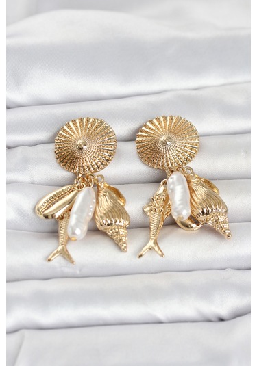 Gold Renk Deniz Temalı Vintage Kadın Küpe Altın