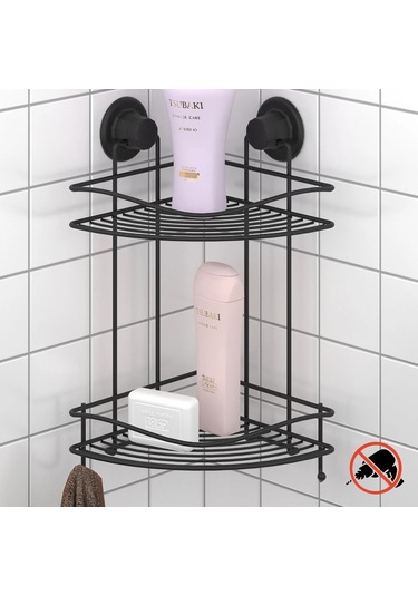 Banyo Köşe Rafı Vakumlu Paslanmaz 2 Katlı Kancalı Siyah Siyah