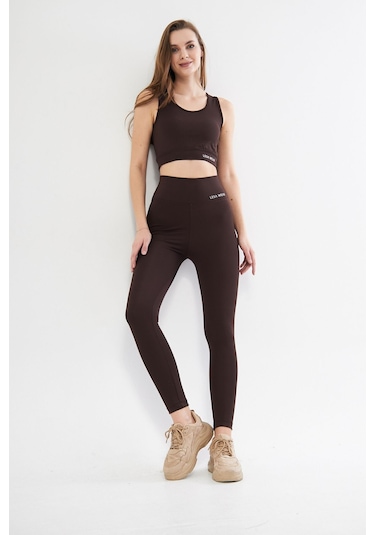 Lesa Wear Yüksek Bel Likralı Toparlayıcı Tayt Crop Takım Kahverengi
