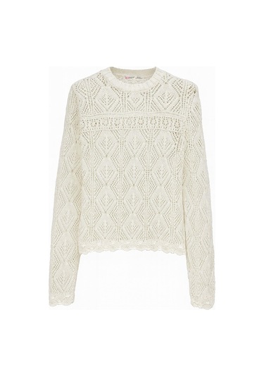 6867 Kadın Kare Desen Ajurlu Triko Kazak Beyaz Beyaz