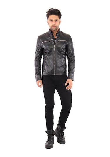 Hakiki Deri Siyah Erkek Deri Mont Omuz Baklava Desenli Koldan Fermuar Detaylı Dört Cepli Deri Ceket Siyah