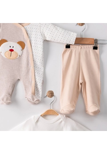 3 Ay Ayıcık Nakışlı Tulumlu Erkek Bebek 5'li Set Kahverengi Kahverengi
