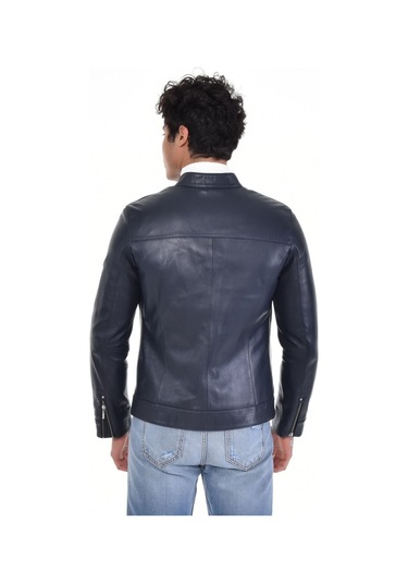 Hakiki Deri Siyah Erkek Deri Mont Önden Kumaş Detaylı Üst Ve Yandan Fermuarlı Deri Ceket Siyah