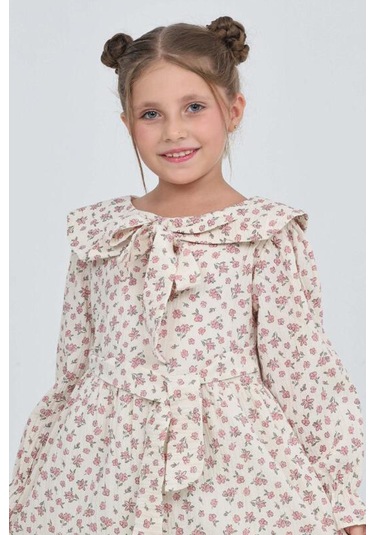 Kız Çocuk Fiyonk Yakalı Bel Kuşaklı Çiçek Desenli Kloş Etekli Elbise 12301 Gülkurusu