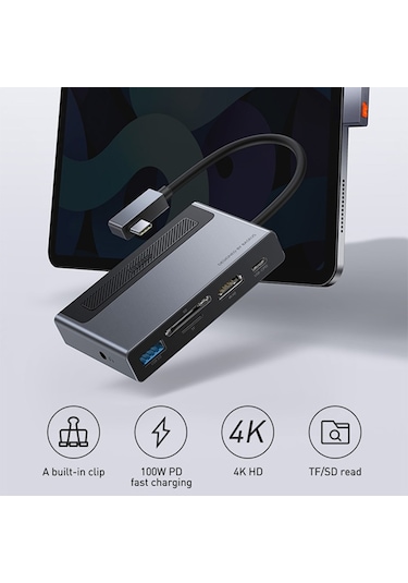 Baseus Magic Çok Fonksiyonlu Klipsli Type-C Hub 6In1 (Usb3.0+Sd+-Gri