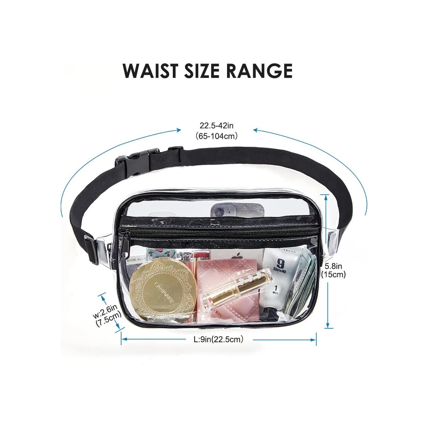 Yuntech01 Siyah Şeffaf Pvc Spor Bel Çantası - Stadyum Onaylı, Su Geçirmez, Ayarlanabilir Kemer, Outdoor Etkinlikler İçin Çabuk Erişimli Depolama Siyah