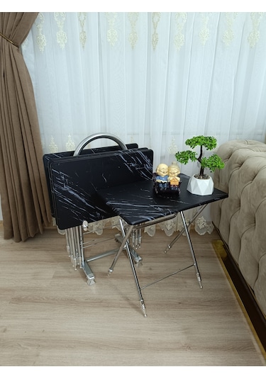 Çanta Zigon Sehpa,4'lü Sehpa, Zigon Sehpası, Mdf Mebran - Siyah M