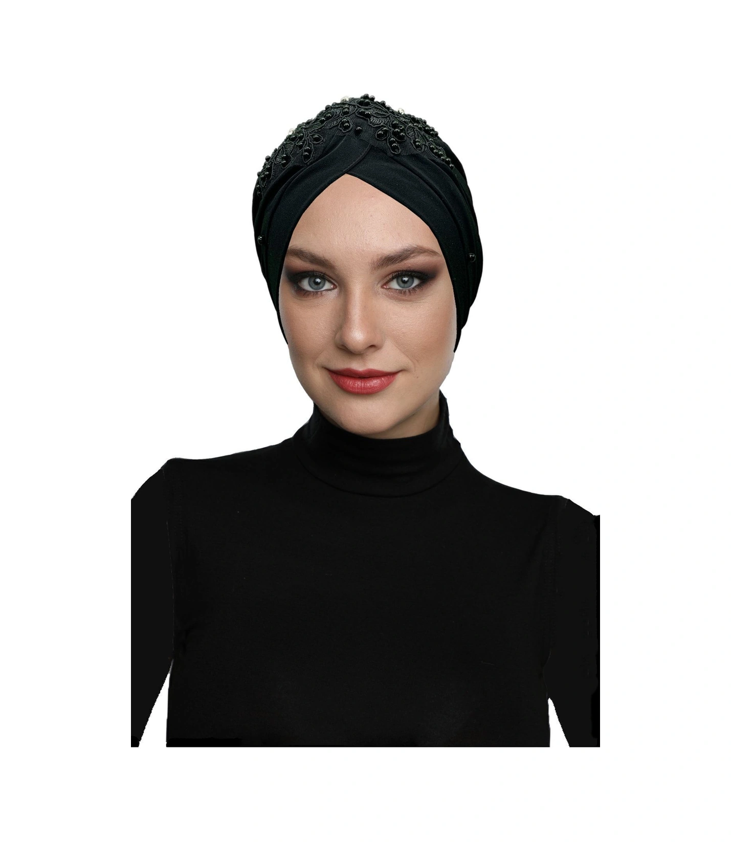 Kopma Astarlı Işlemeli Siyah Dantel Motifli Hazır Türban Tesettür Abiye Bone Siyah Dantel