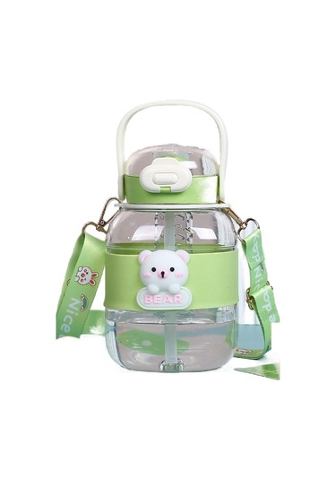 Sevimli Çizgi Film Baskılı Büyük Gövdeli Plastik Su Bardağı, Renkli Samanlı Bardak, Yaz İçin Pratik Spor Matarası, Çocuklar İçin Eğlenceli Desenli Kova Bardak, Dayanıklı Ve Hafif Yeşil