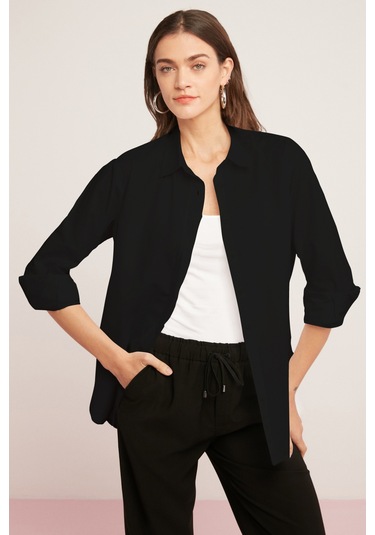 Ethıquet Georgıa Kadın 100% Pamuk Poplin Oversize Fit Siyah Gömlek