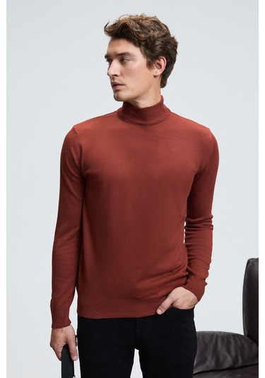 REBEL Erkek Yarım Balıkçı Yaka Basic Slim Fit Triko Kiremit Rengi Kazak