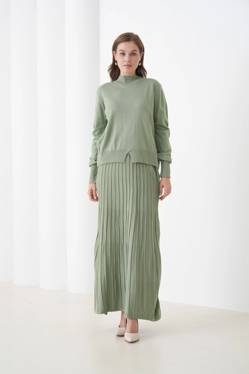 Kadın Pileli Etek Kazağı V Tasarım Tesettüre Uygun Örgü Triko Etek Kazak Takım Mint Yeşili