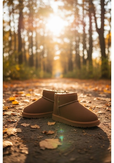Muggo Snow Garantili Unisex Çocuk Kalın Taban İçi Tüylü Günlük Mini Yarım Bot Kahverengi