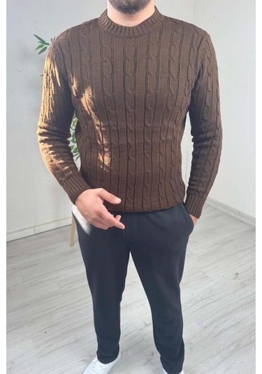 Explode - Erkek Kahve Örgülü Slim Fit Bisiklet Yaka Triko Kazak Kahverengi