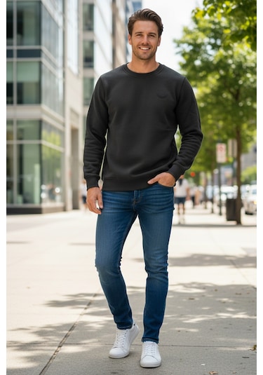 Remsa Erkek İçi Şardonlu Bisiklet Yaka Pamuklu Sweatshirt 0319 Siyah Siyah