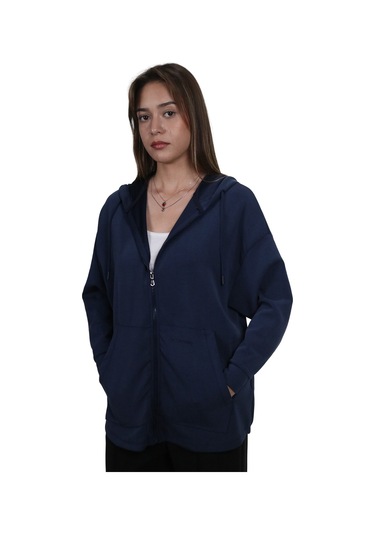 Kadın Modal Kumaş Yumuşak Dokulu Fermuarlı Rahat Kalıp Lacivert Kapüşonlu Ceket Hırka Lacivert
