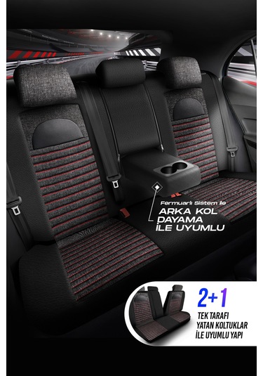 Füme - Kırmızı Panda Enzo Serisi Keten Kumaş Oto Koltuk Kılıfı - Tam Set