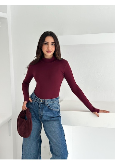Kadın Yarım Balıkçı Yaka Parmak Geçmeli Full Likralı Buzz Body Bordo