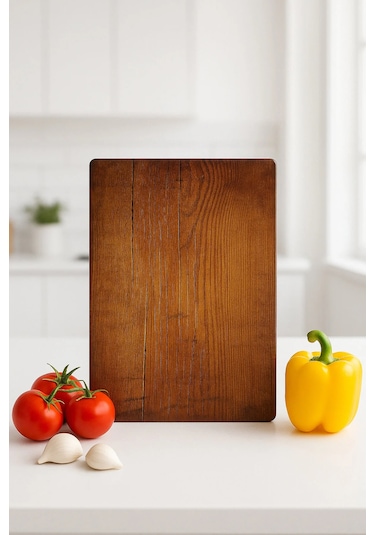 Eski Ahşap Desenli Cam Kesme Tahtası, Kesme Tablası Kenarları Oval, Antibakteriyal, Ahşap