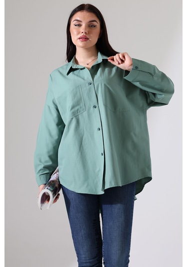Yeni Sezon Poplin Kumaş Çift Cepli Oversize Pamuklu Kadın Tunik Gömlek Yeşil