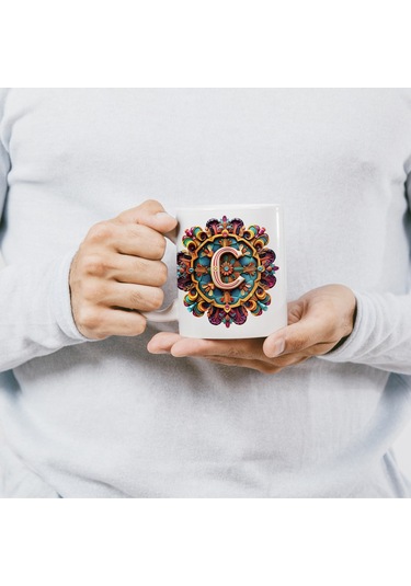 C Harfi Boho Bardak, Renkli Özel Tasarım Hediyelik Harfli Kupa, 330ml Porselen Beyaz