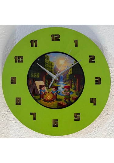 Kişiye Özel İsimli Bloklu Dünya Tasarımlı Duvar Saati Epoksi Dolgulu Resimli & Rakamlı 35 Cm Açık Yeşil
