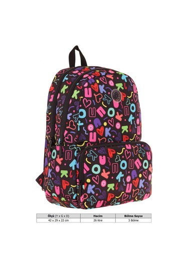 Kaukko Kız Çocuk Kalp Ve Kaukko Baskılı Siyah Okul Çantası - Üç Bölmeli - K1781 Siyah