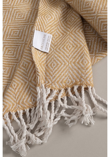 Suez Hardal Beyaz Renkli Yün Tek Kişilik Battaniyesi 91251 150x20 Hardal