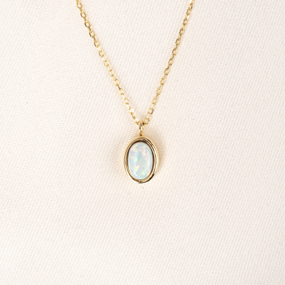 Gümüş Kolye - Opal Oval Taşlı 925 Ayar Gümüş Kolye Sarı