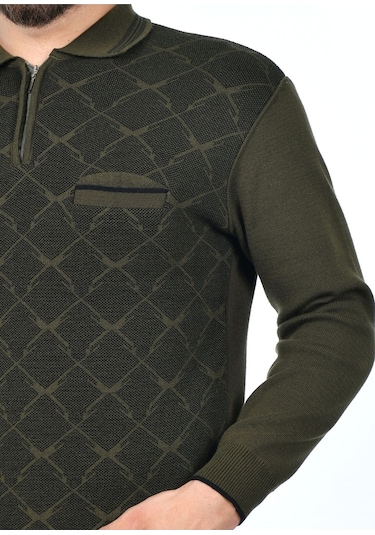 Kamalı Erkek Çelik Örgü Gömlek Yaka Cepli Fermuarlı Polo Yakalı Tüylenmeyen Triko Kışlık Baba Kazak Haki