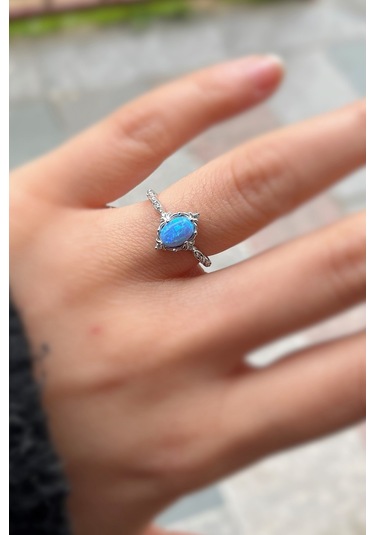 925 Ayar Gümüş Oval Mavi Opal Taşlı Vintage Yüzük Gümüş