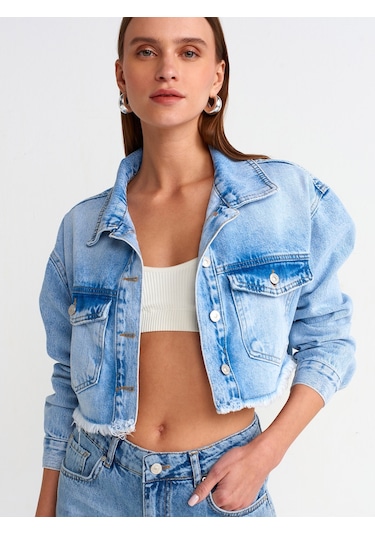 Dilvin Crop Denim Ceket Mavi