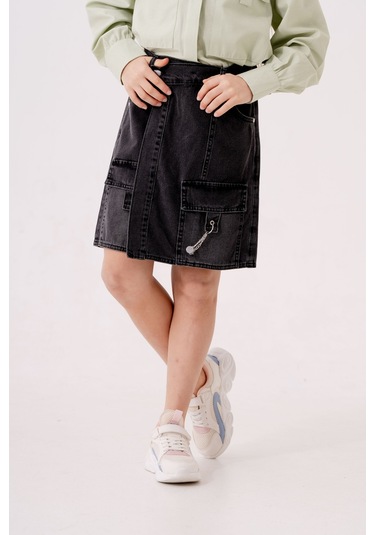 Kız Çocuk Şeritli Kot Şort Etek 2875 Gri