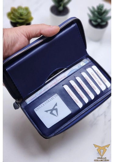 Xclub Model Unisex Telefon Bölmeli El Geçmeli Kordonlu Deri Portföy Kartlık Uzun Cüzdan Lacivert Siyah