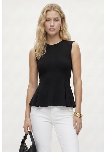 Ritnice Kadın Rowe %100 Pamuk Peplum Sıfır Kol Siyah Bluz