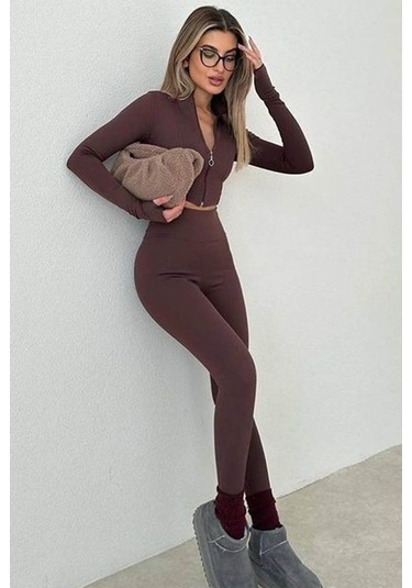 Madmext Kahverengi Yüksek Bel Kadın Fitilli Tayt Mg1625 Kahverengi