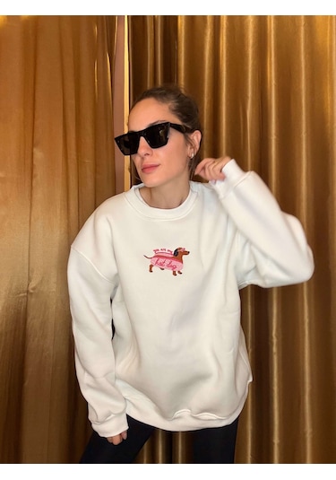 Ali Butik Beyaz Dog Nakış İşlemeli Şardonlu Sweatshirt Beyaz