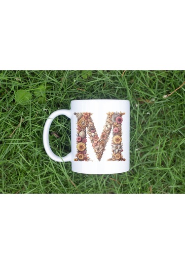 M Harfi Çiçek Desenli Kupa Bardak - Alfabe Harfleri İle Doğal Çiçekli Kupa - Hediye Fikir Beyaz