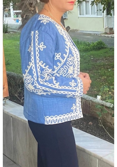 Mia Butik Kadın Mavi Bordur Nakışlı Astarlı Ceket Mavi