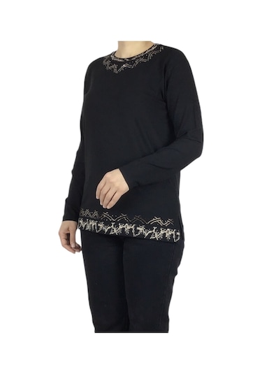 Kadın Yaka Ve Etek Desenli Taşlı Likralı Bluz-arpbattal2 siyah