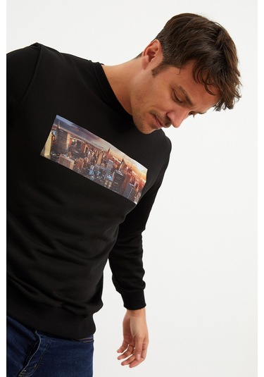 Mysport 5012 Erkek Bisiklet Yaka Baskılı Sweatshirt-siyah Siyah