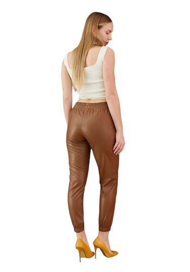 Paça Lastikli Deri Pantolon Taba