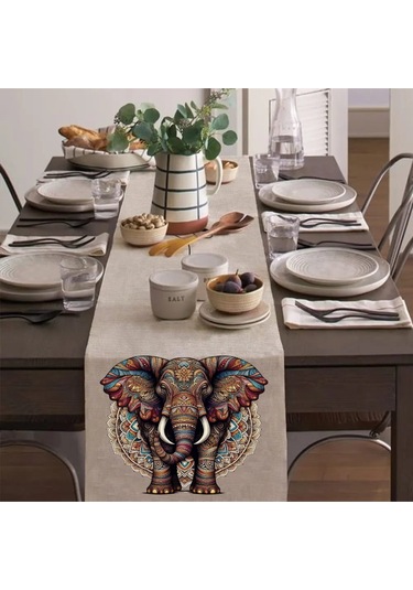 Renkli Fil Runner, Runer, Masa Örtüsü, Sofranıza Zarafet Katın Runner, Masa Örtüsü Krem