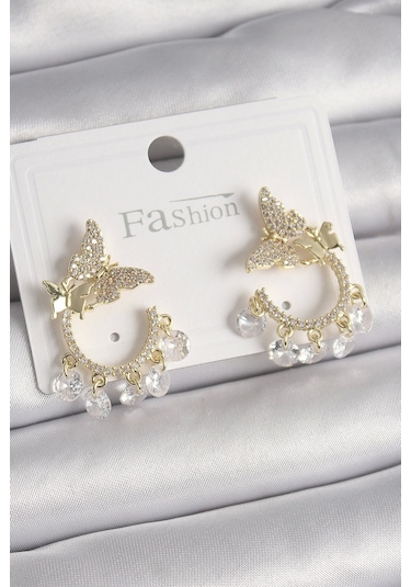 Pirinç Gold Renk Zirkon Taşlı Sallantı Detay Kelebek Model Kadın Küpe Çok Renkli