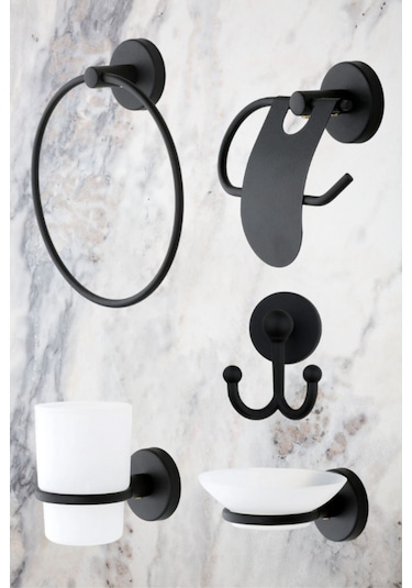 MultiStore 5'li Banyo Aksesuar Seti Halka Havluluk/Tuvalet Kağıtlığı/Askılık/Sabunluk/Diş Fırçalık Siyah